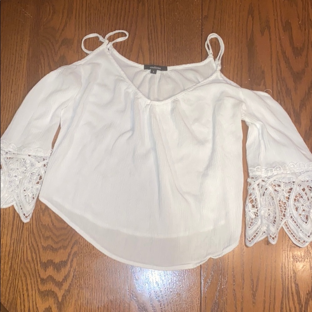 Cold shoulder white blouse with crochet sleeves